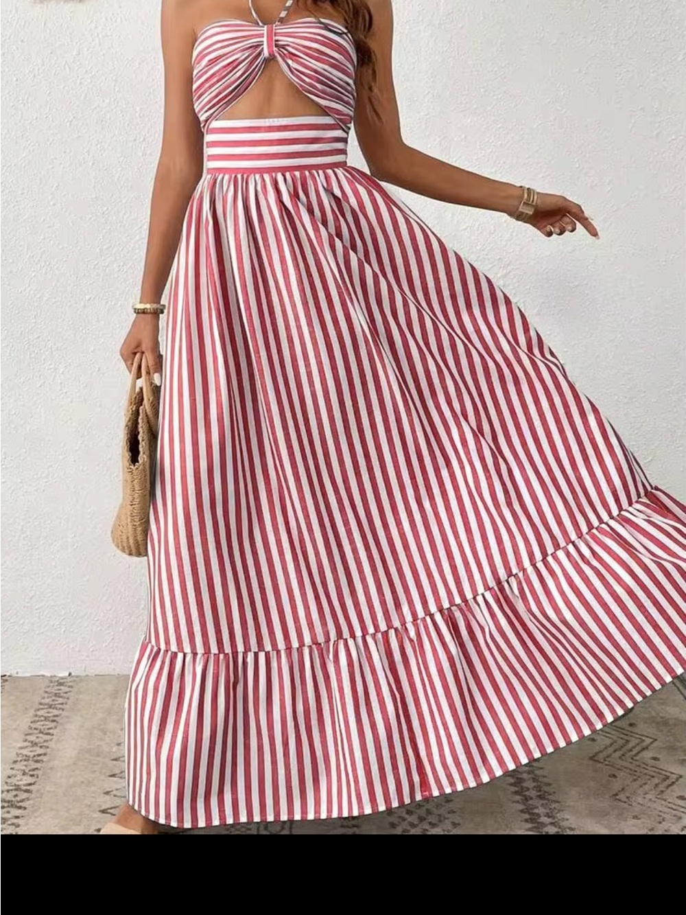 SHEIN Red and White Striped Maxi Skirt with High Waist